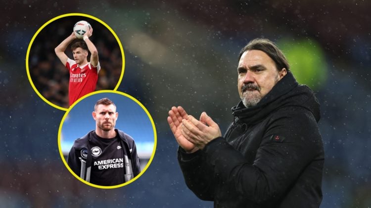 Daniel Farke applauds Leeds United fans in the rain. Insets: Kieran Tierney takes a throw-in for Arsenal. James Milner stands.
