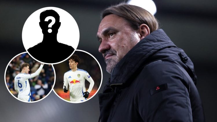 Leeds United manager Daniel Farke. Inset, Leeds centre-back Joe Rodon. Inset, Leeds midfielder Ao Tanaka. Inset, LUN Mystery Player.