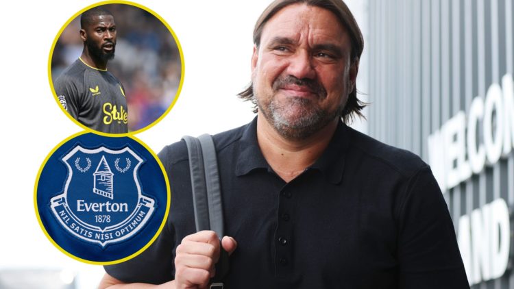 Daniel Farke, manager of Leeds United. Inset, Everton striker Beto in 2025. Inset, Everton badge.