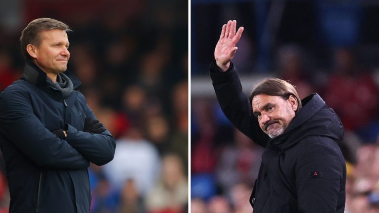Jesse Marsch during his time as Leeds manager and Daniel Farke waving to supporters.