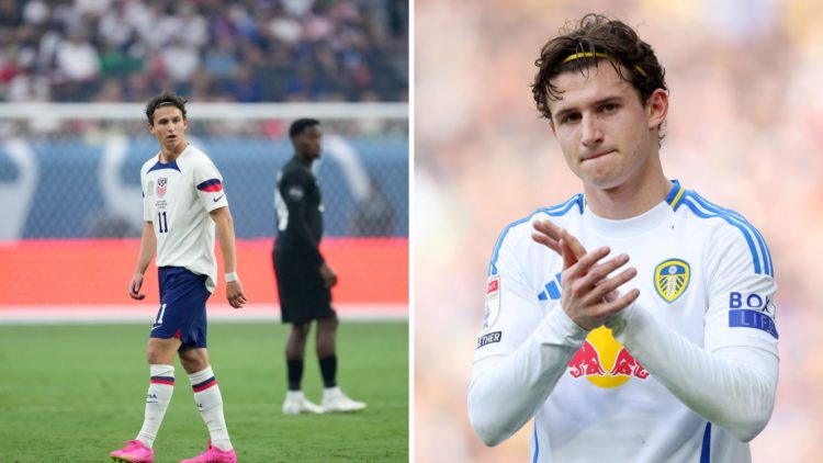Brenden Aaronson in action for the United States and applauding the Leeds fans.
