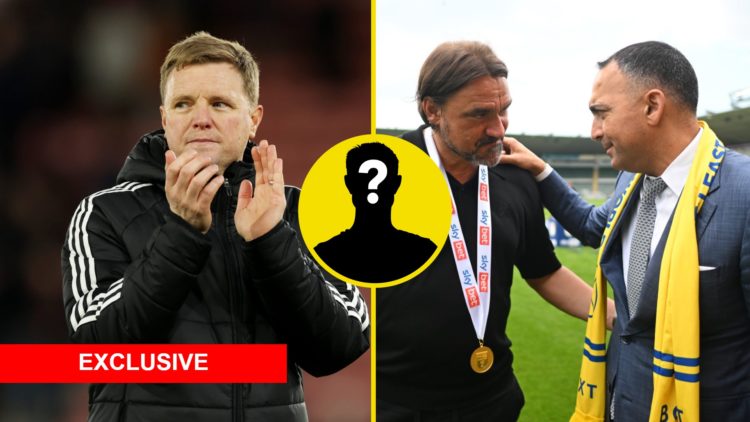 Split image of Newcastle United manager, Eddie Howe and Leeds United manager Daniel Farke and owner Paraag Marathe. Inset, LUN Mystery player.