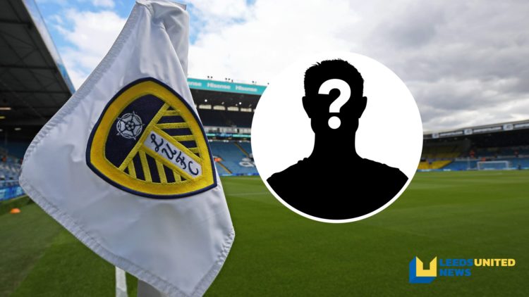 A picture of the corner flag at Elland Road showing the Leeds United club badge. Inset a picture of a mystery player.