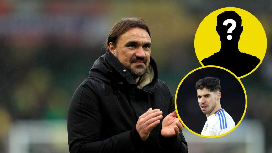 Leeds United manager Daniel Farke with Norwich City in 2018. Inset, Manor Solomon playing for Leeds. Inset, LUN Mystery Player Icon.