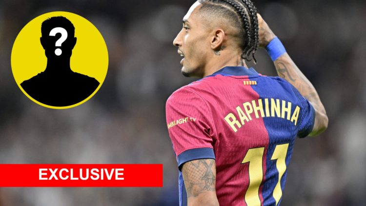 Former Leeds United player Raphinha playing for Barcelona in 2025. Inset, LUN Mystery Player Icon.