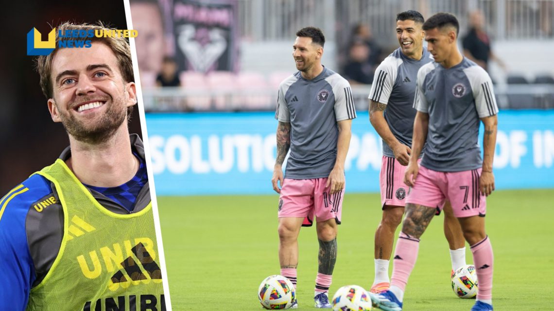 Split image of Patrick Bamford warming up for Leeds United, and Lionel Messi and Luis Suarez in Inter Miami training.