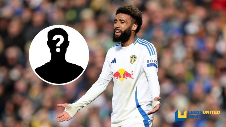 Leeds United player Jayden Bogle shrugs his shoulders. Inset a picture of a mystery player.