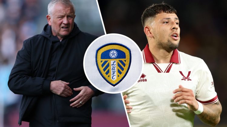Split image of Sheffield United manager Chris Wilder and Sheffield United player Gustavo Hamer. Inset, Leeds United badge.
