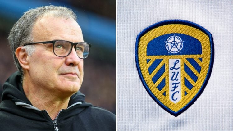 Split image of Marcelo Bielsa as manager of Leeds United in 2018 and Leeds United's badge.