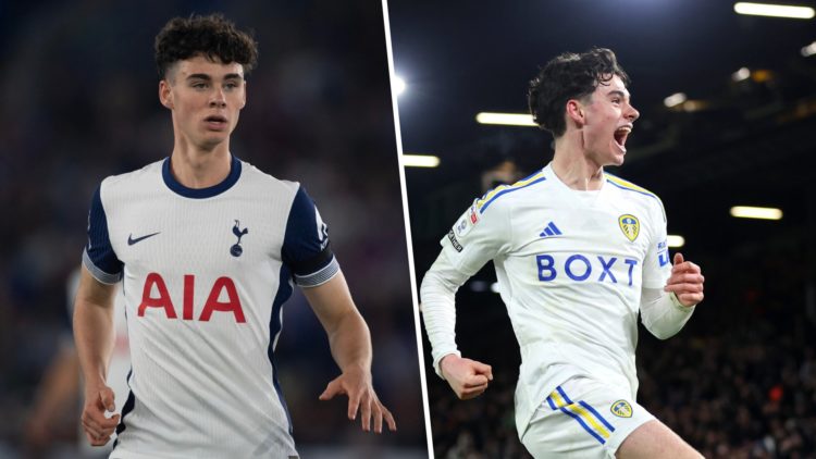 Split image of Archie Gray playing for Tottenham in August 2024 and Archie Gray playing for Leeds United in February 2024.