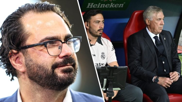 Split image of Victor Orta the former director of football at Leeds United in 2022 and Real Madrid manager Carlo Ancelotti.