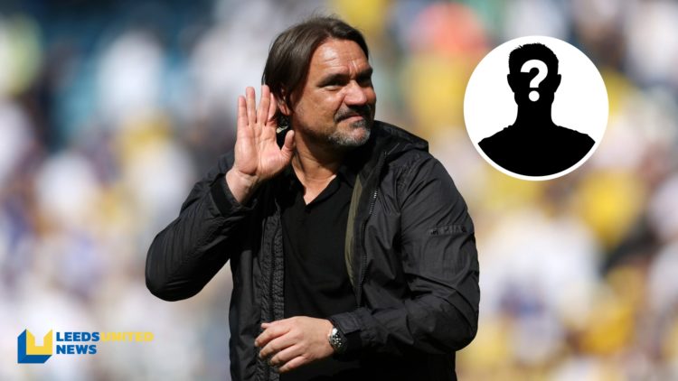 Leeds United manager Daniel Farke cups his ear to the fans. Inset a picture of a mystery player.
