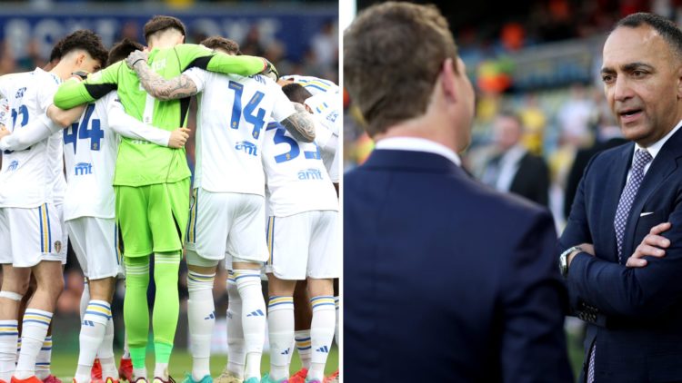 The Leeds squad prepare for a game with a huddle as Paraag Marathe chats on the side of the pitch.