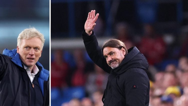 Daniel Farke and David Moyes waving to Leeds United and Everton fans, respectively.