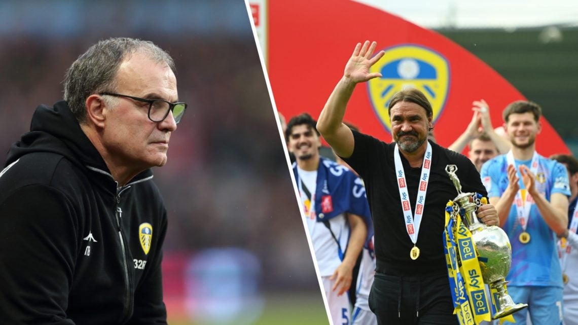 Split image of Marcelo Bielsa as manager of Leeds United in 2018 and Daniel Farke at Leeds United in 2025.
