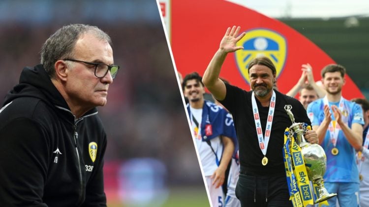 Split image of Marcelo Bielsa as manager of Leeds United in 2018 and Daniel Farke at Leeds United in 2025.
