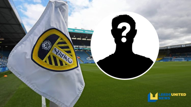 Leeds United's Elland Road stadium viewed from the corner flag. Inset a picture of a mystery player.