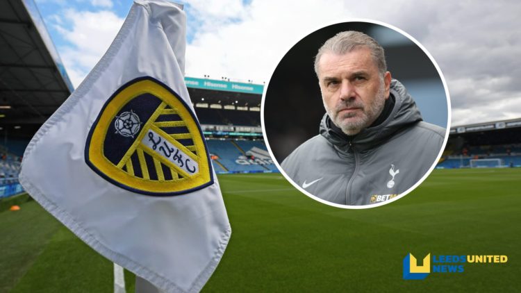 Leeds United's Elland Road stadium with a view of the club's badge on the corner flag. Inset a picture of Spurs manager Ange Postecoglou.