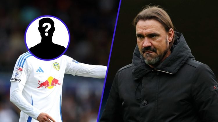 Leeds United manager Daniel Farke (right) with a mystery player badge over Ilia Gruev's face (left)