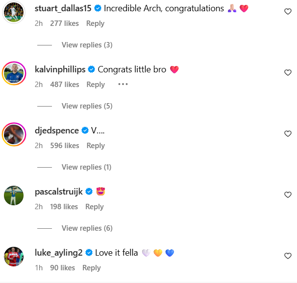 Screenshot of Archie Gray's Instagram post, including messages from Luke Ayling and Stuart Dallas.