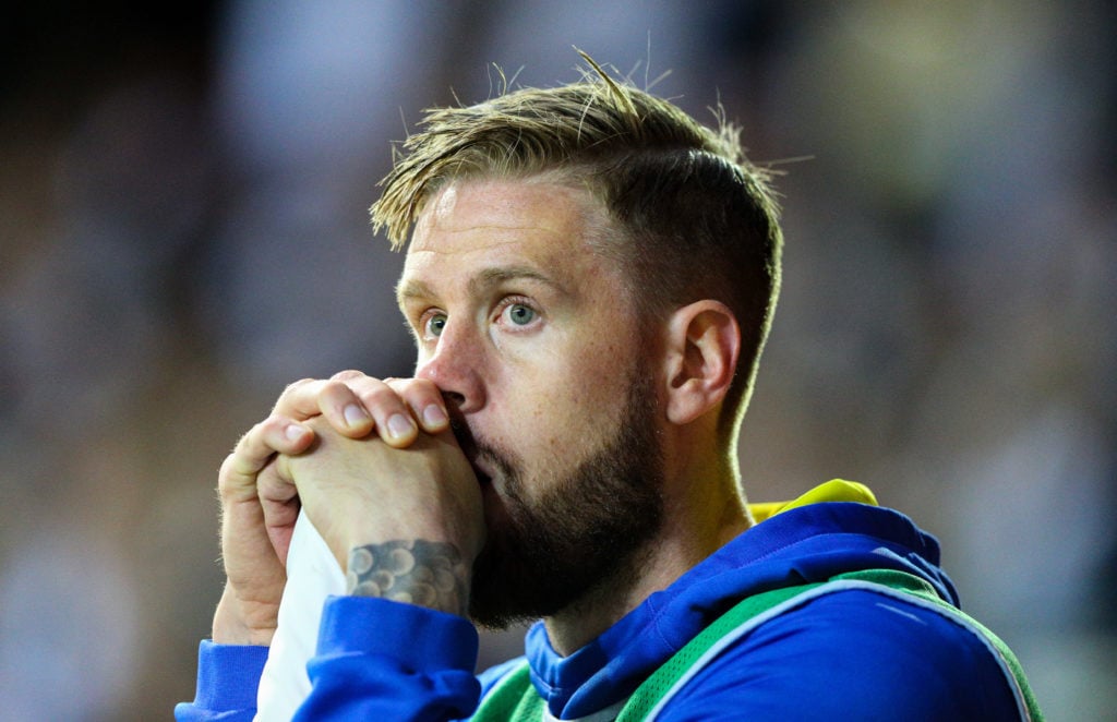 Pontus Jansson looks on nervously during Leeds United's play-off defeat to Derby.