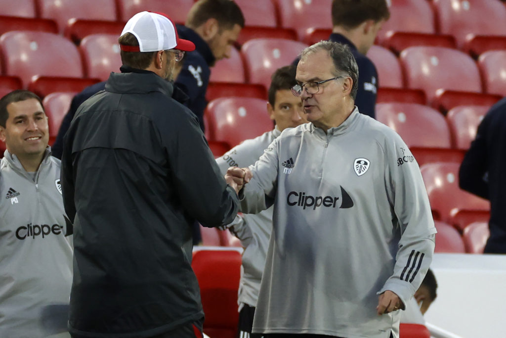 Jurgen Klopp and Marcelo Bielsa during Liverpool 4-3 Leeds United