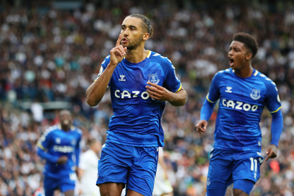 Dominic Calvert-Lewin shushes Leeds United fans during a game in 2021.