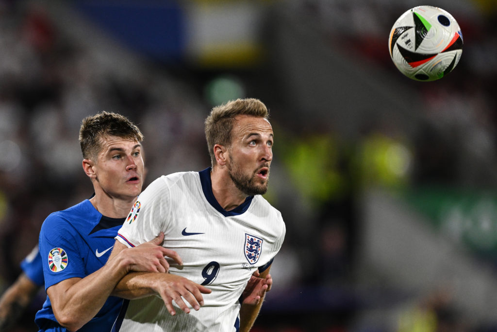 New Leeds star Jaka Bijol battles Harry Kane.