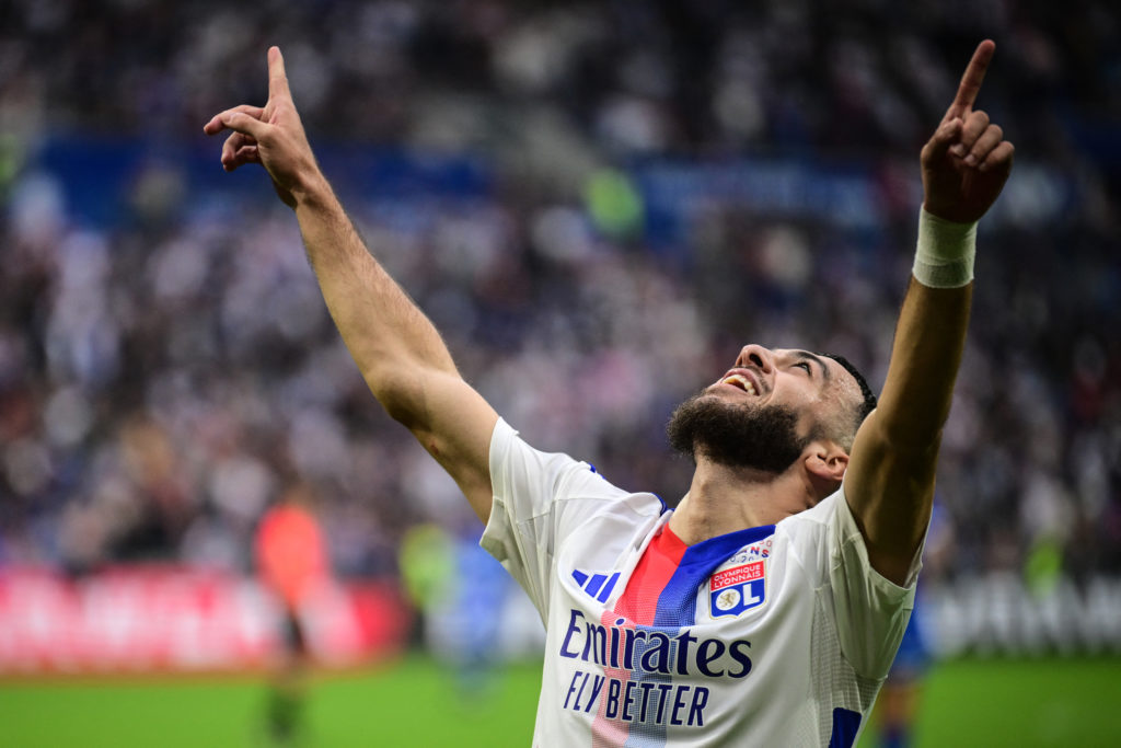 Lyon's Georges Mikautadze celebrates after scoring against AJ Auxerre.