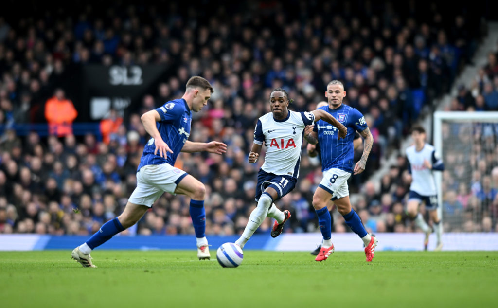 Dara O'Shea takes on Mathys Tel during Ipswich's clash v Tottenham.