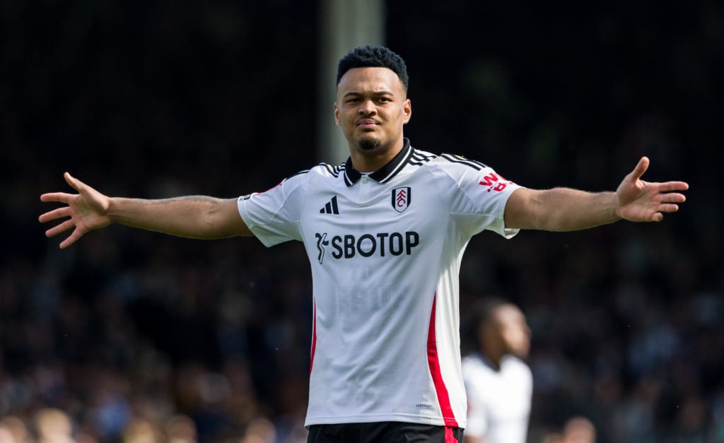 Rodrigo Muniz celebrates scoring a goal for Fulham against Crystal Palace.