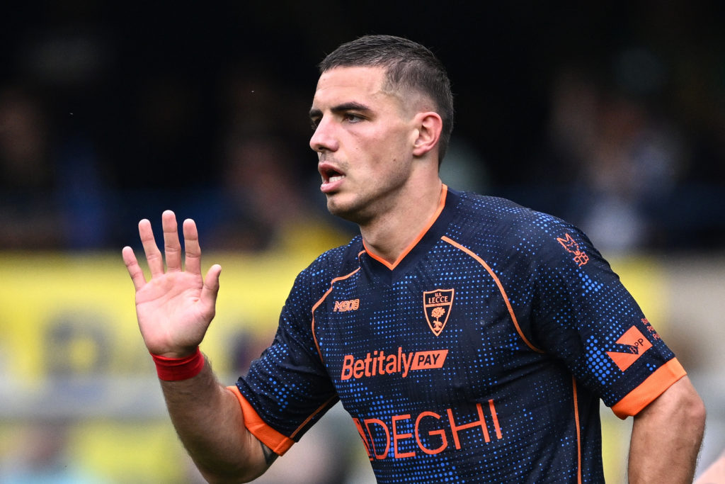 Nikola Krstovic in action for Lecce amid rumours he could join Leeds.