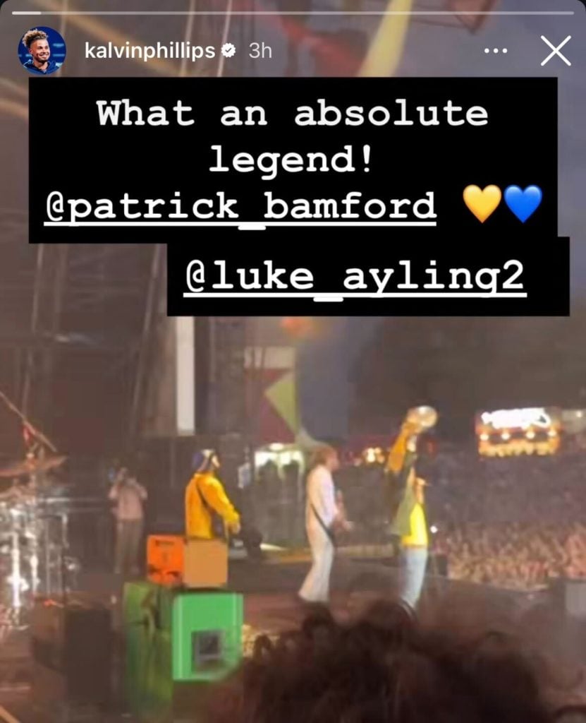 Screenshot of Kalvin Phillips calling Patrick Bamford an 'absolute legend' after performing with The Kaizer Chiefs.