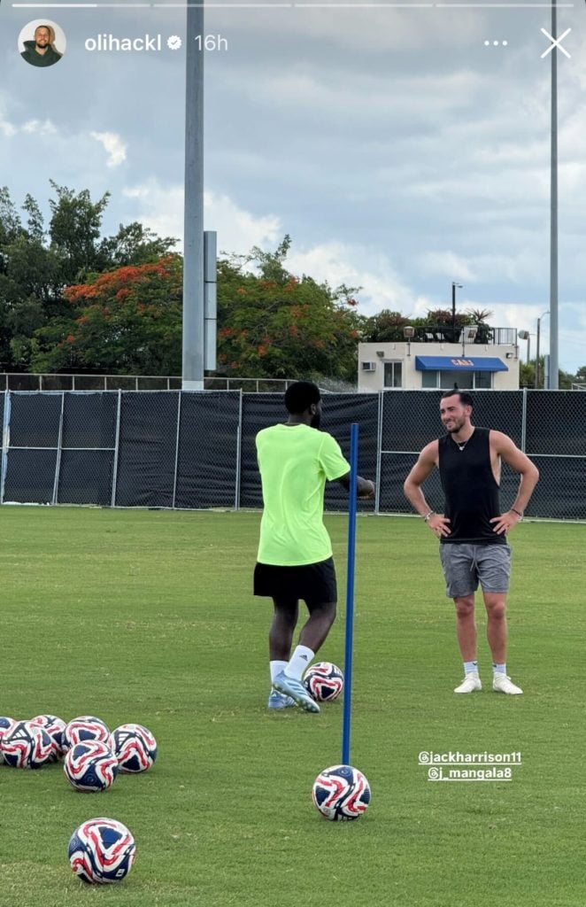 Screenshot of Jack Harrison training in Argentina alongside Everton pal Orel Mangala.