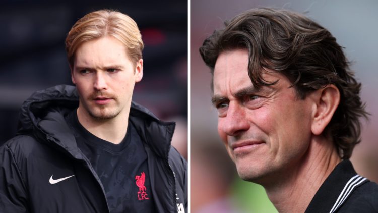 Liverpool goalkeeper Caoimhin Kelleher and Brentford manager Thomas Frank.
