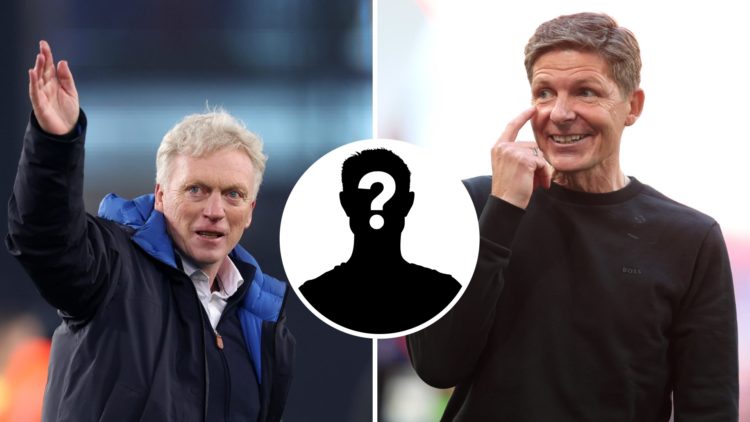 David Moyes during an Everton match as Crystal Palace boss Oliver Glasner looks on.