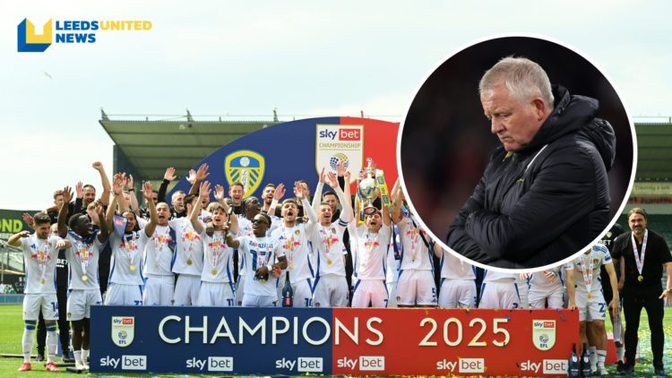 The Leeds United players celebrate winning the 2024/25 Championship title. Inset a picture of Sheffield United manager Chris Wilder looking down.