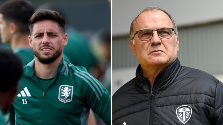 Split image of Alex Moreno training with Aston Villa and former Leeds United manager Marcelo Bielsa.