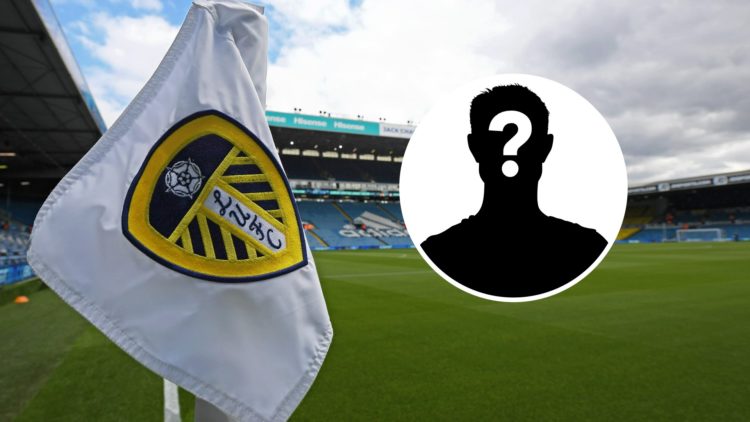 Leeds United's Elland Road stadium viewed from the corner flag. Inset a picture of a mystery player.
