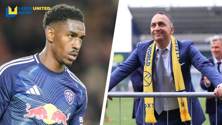 Split image of Leeds United full-back Junior Firpo, and Leeds United chairman Paraag Marathe following the club's promotion to the Premier League.