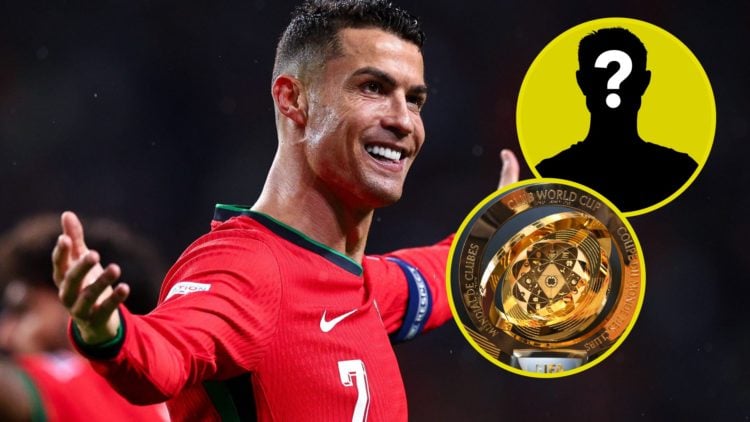 Image of Cristiano Ronaldo playing for Portugal. Inset, 2025 FIFA Club World Cup. Inset, LUN Mystery Player.