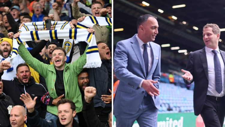 Split image of Leeds United fans in 2025 and Leeds United owner Paraag Marathe at Elland Road.