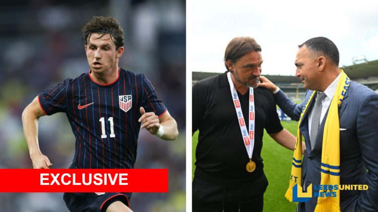 Split image of Leeds United manager Daniel Farke standing with chairman Paraag Marathe, and Brenden Aaronson playing for the USA national team.