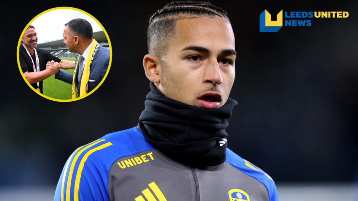 Leeds United striker Mateo Joseph warming up. Inset, Leeds United manager Daniel Farke and Leeds owner Paraag Marathe.