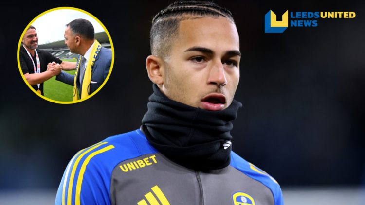 Leeds United striker Mateo Joseph warming up. Inset, Leeds United manager Daniel Farke and Leeds owner Paraag Marathe.