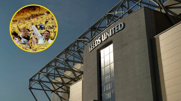 The outside of Leeds United's stadium, Elland Road. Inset, Leeds United fans in 2025.