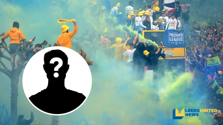 The Leeds United fans celebrate the club's open bus parade after winning the Championship title. Inset a picture of a mystery player.