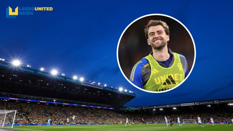 Leeds United's Elland Road stadium during a game against Bristol City. Inset a picture of Patrick Bamford warming up for Leeds United.