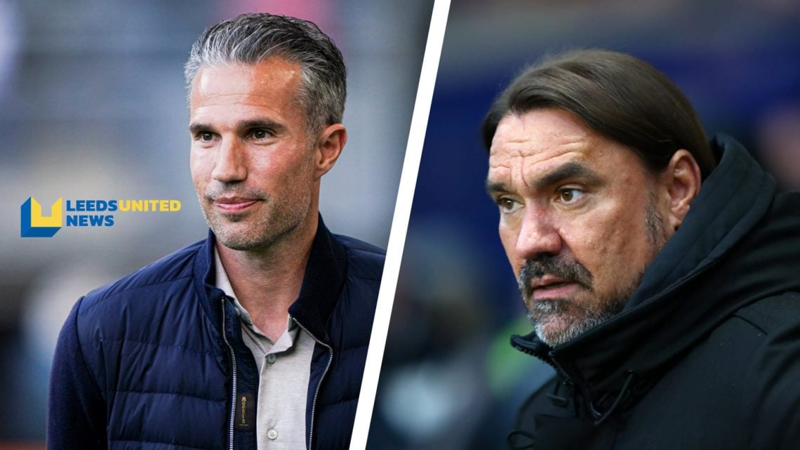 Split image of Feyenoord manager Robin van Persie and Leeds United manager Daniel Farke standing on the touchline.