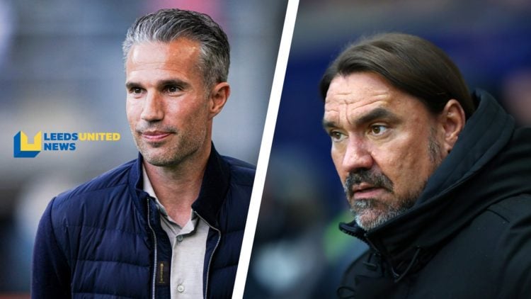 Split image of Feyenoord manager Robin van Persie and Leeds United manager Daniel Farke standing on the touchline.